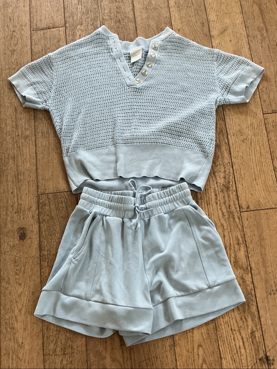 Varley Other - Varley Pale Blue Knit Buttoned V-Neck Top with shorts